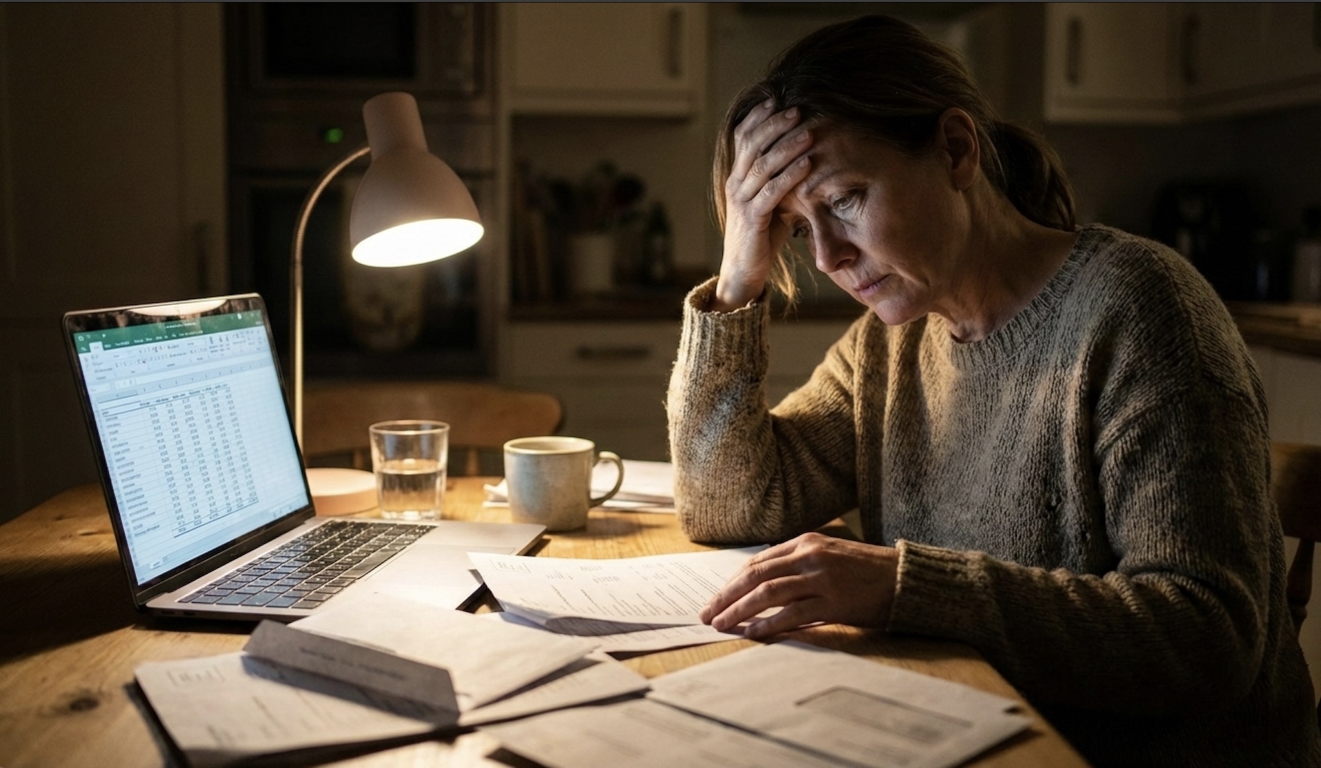 Adult daughter reviewing 24/7 home care costs on laptop while caring for elderly parent - calculating monthly expenses for round-the-clock caregiving