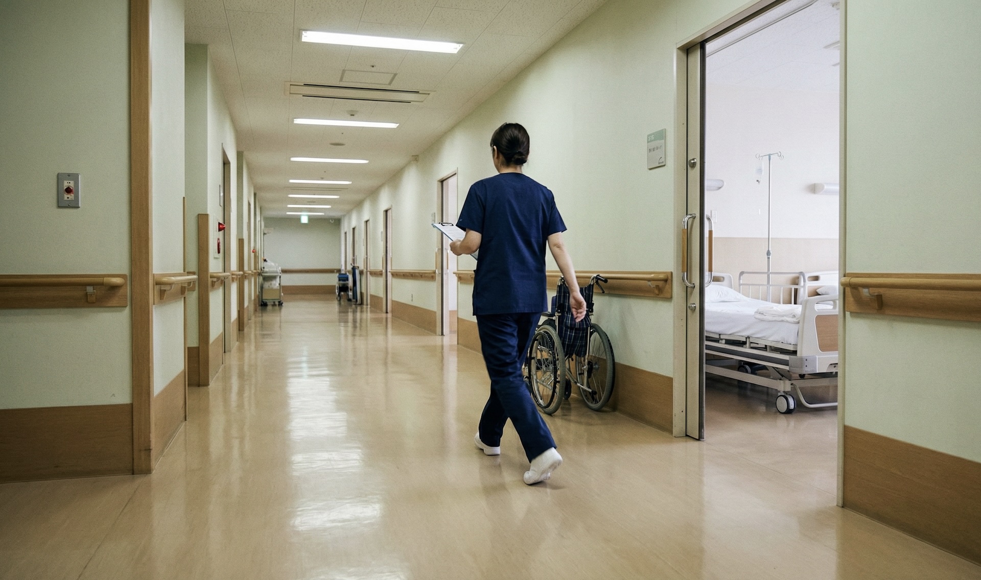 Long institutional hallway in a typical U.S. nursing home with fluorescent lighting - representing the reality of understaffed care facilities
