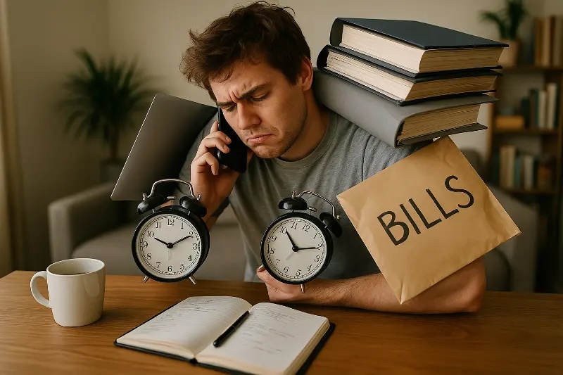 Young adult managing multiple responsibilities