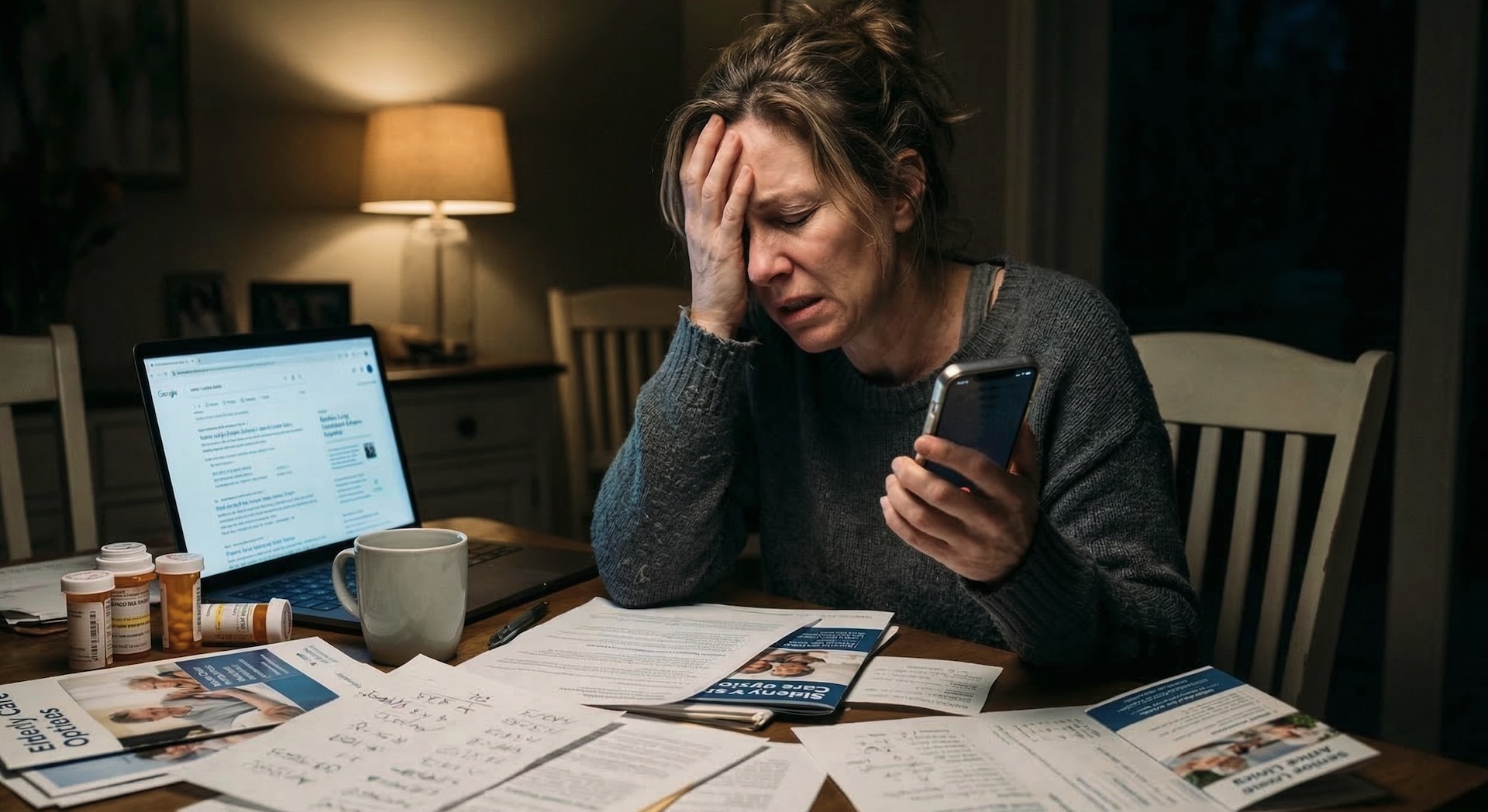 Stressed adult daughter sitting at kitchen table surrounded by care facility brochures, medical papers and phone notifications - overwhelmed by aggressive senior care sales tactics