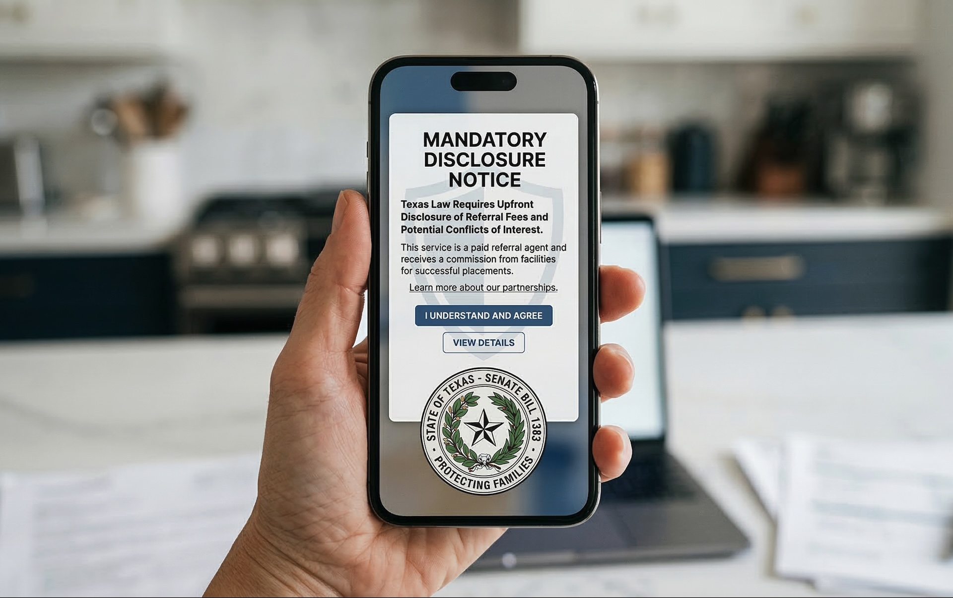 Smartphone showing mandatory disclosure pop-up with Texas SB 1383 seal—representing new legal protections for families