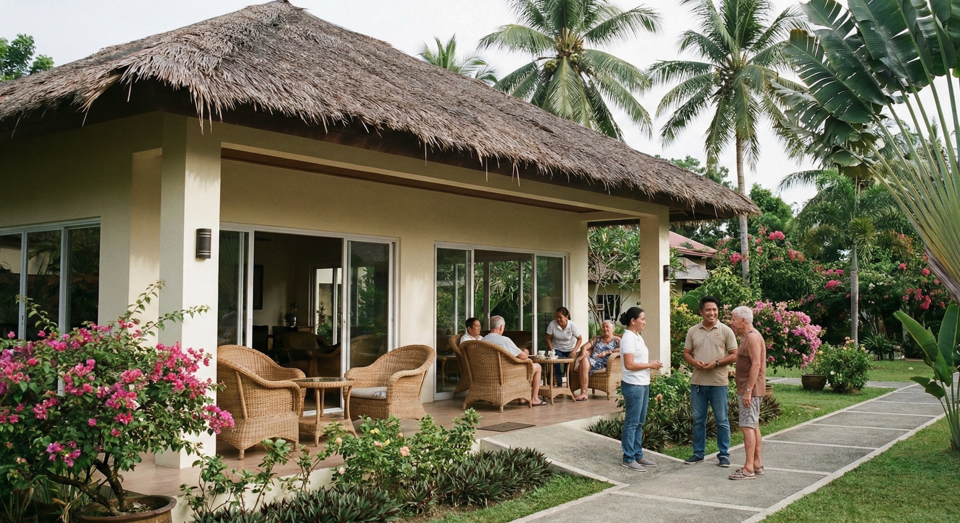 Bright Filipino care home with warm wooden interiors and tropical garden, showing personalized 1:1 caregiver interaction with a resident in a relationship-based care environment