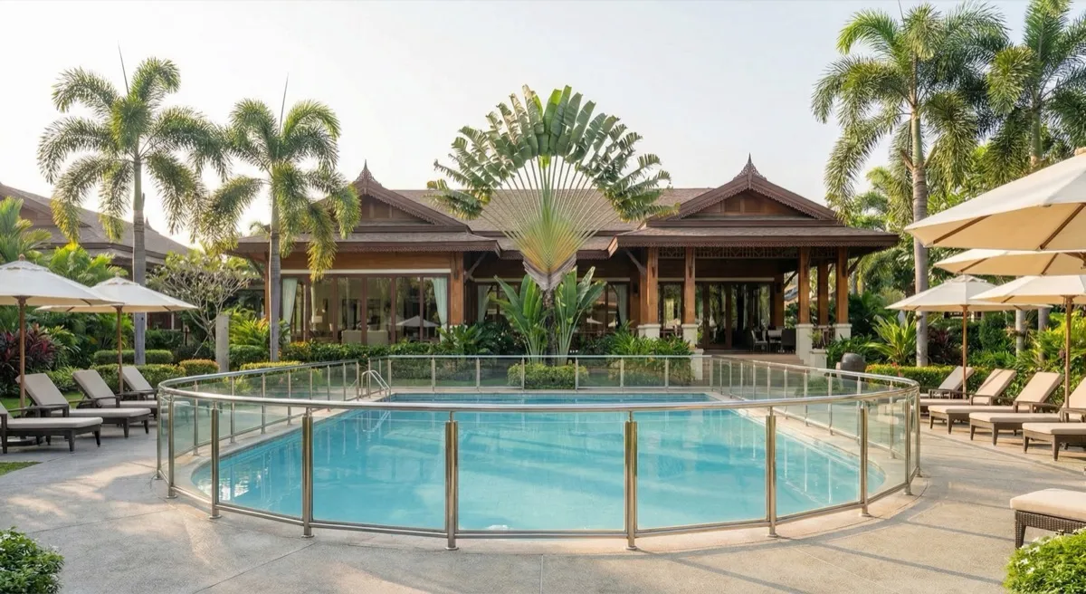 A serene Southeast Asian care facility surrounded by tropical gardens, representing the type of facilities featured in international media coverage