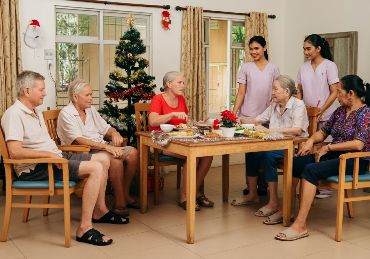 Elderly residents celebrating christmas event with staff.