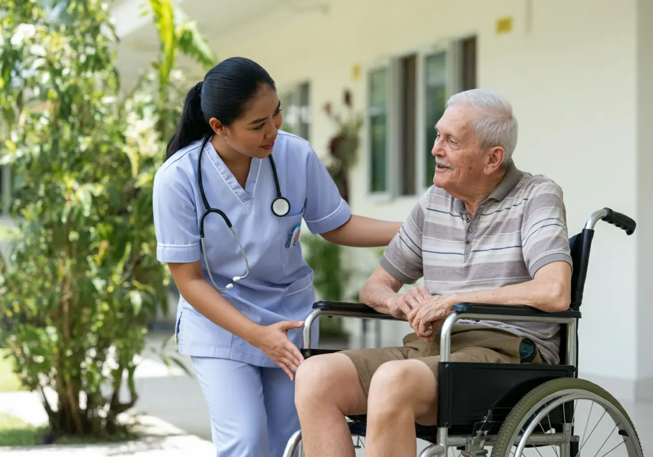 Compassionate Filipino nurse providing quality care to an elderly resident in a nursing home.