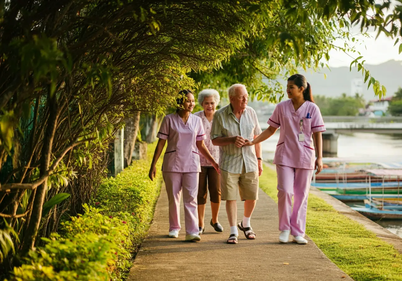 Elderly residents enjoying a leisurely outing at a park with caregivers.