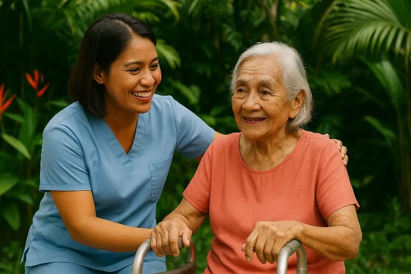 Filipino caregiver with elderly resident in tropical garden