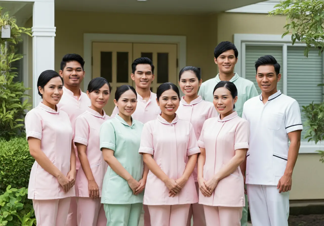 Friendly Filipino nurses in pastel-green uniforms standing in front of a family-style home.
