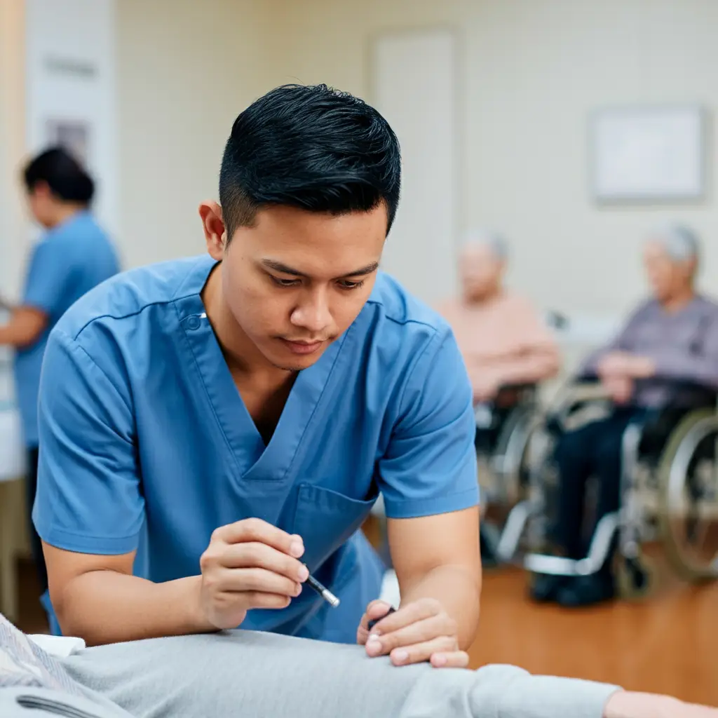 Nurse conducting a health check-up with an elderly resident in a well-equipped clinic.