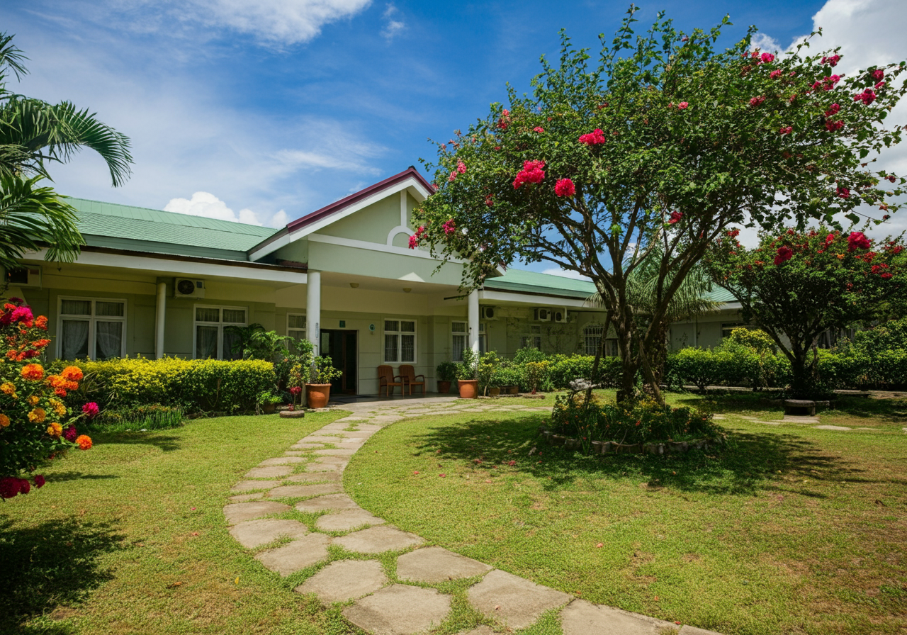 A family-style nursing home in the Philippines, offering a welcoming environment with lush gardens and tropical landscaping.