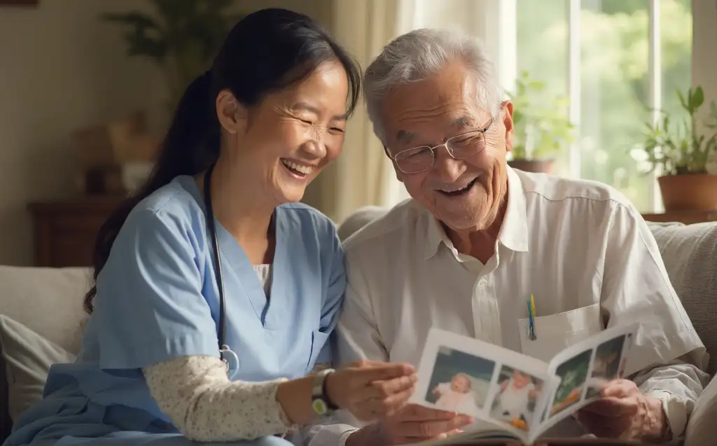 Nurse and resident looking at the photo-album together