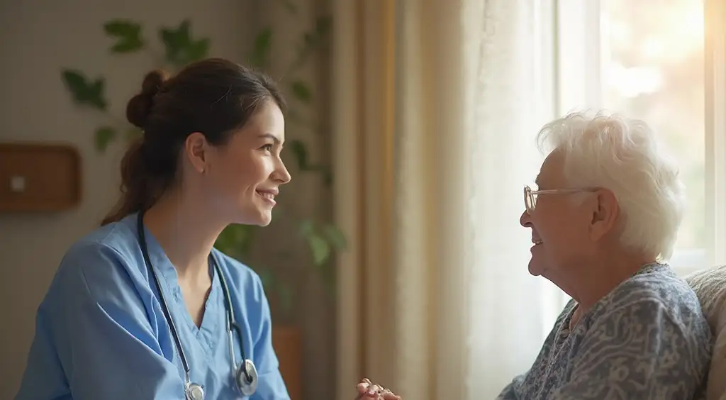 Nurse with resident holding hands