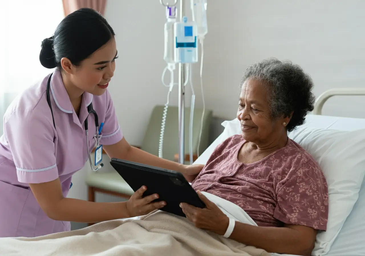 Elderly resident using a tablet to video call family members with assistance from a nurse.