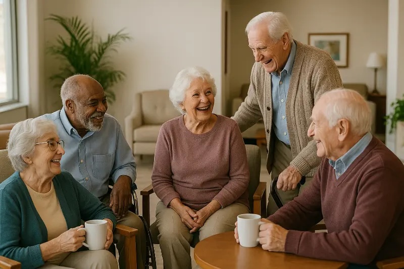 Seniors socializing in care facility