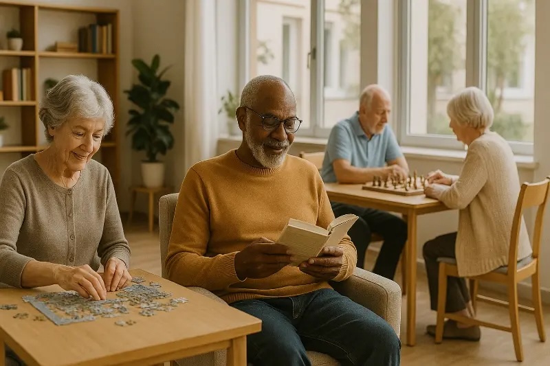 Seniors enjoying independent activities in care facility