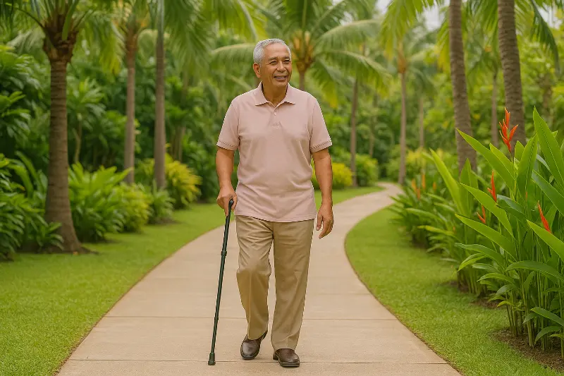 Senior enjoying tropical garden walks