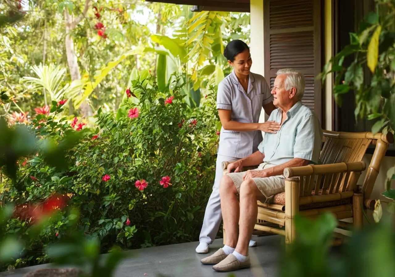 Elderly resident and caregiver at a Southeast Asian nursing home veranda with lush greenery.