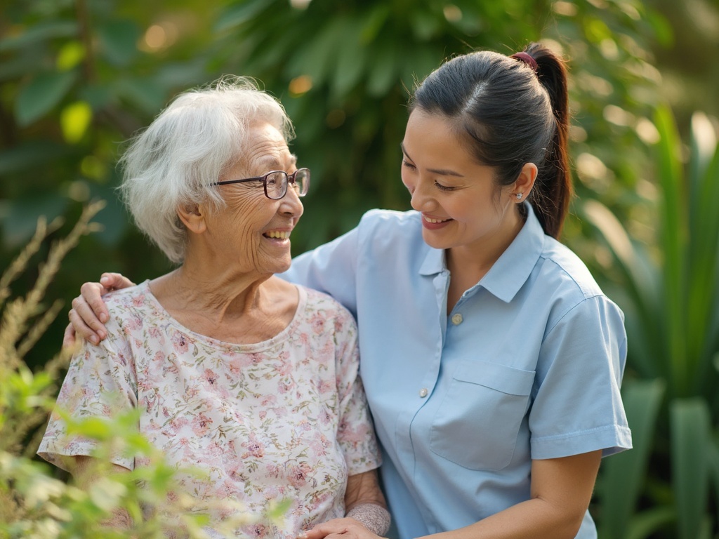 Caregiver assisting elderly woman with dementia