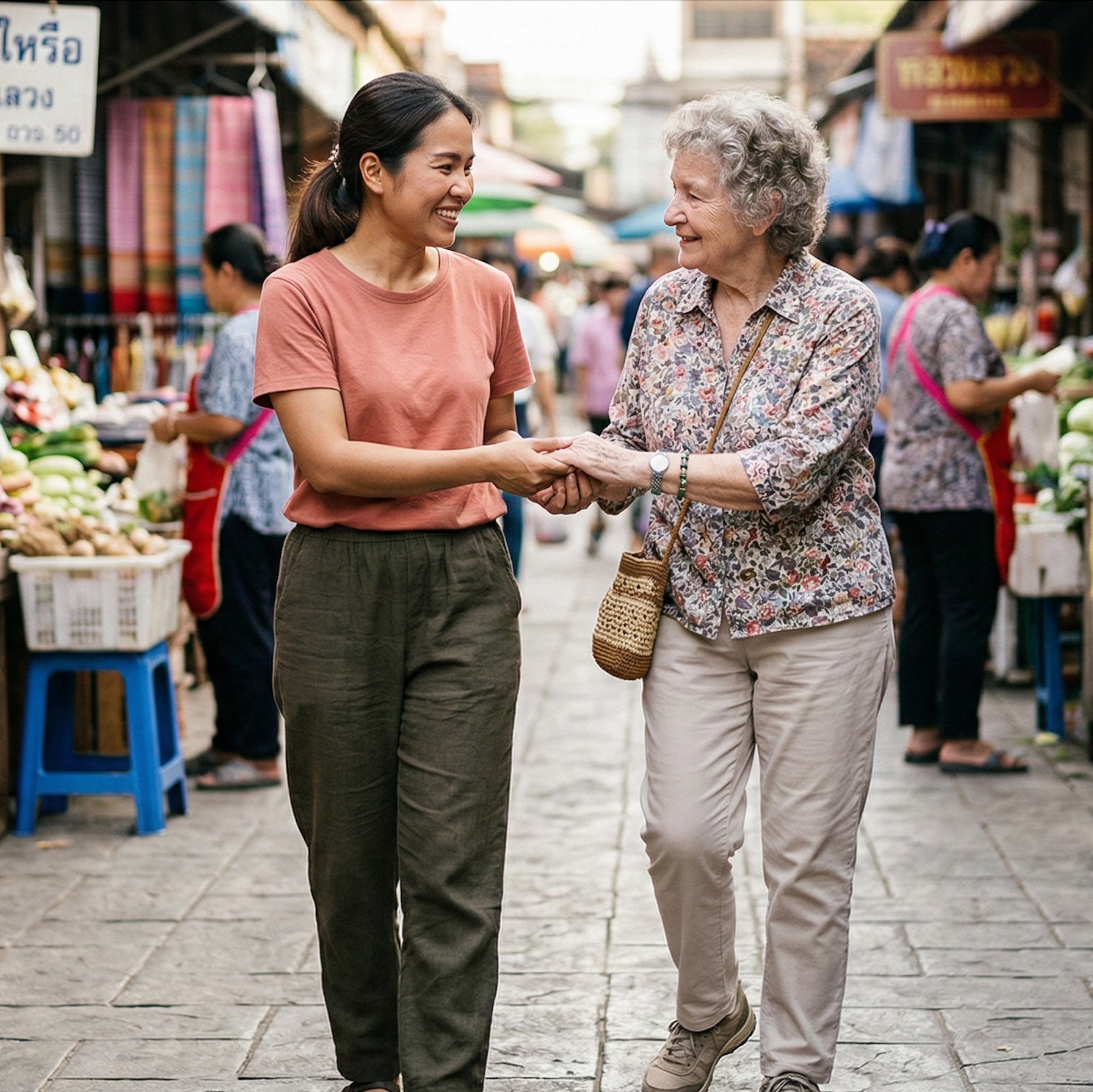 Guest with dementia holding hands with caregiver while walking through a local market in Thailand